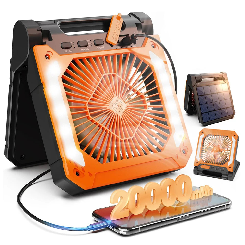 Cordless Portable Electric Fan With Led Light Tent Car Camping Hook&USB&Solar Charging For Hiking Fishing Picnic Emergency