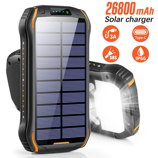 Solar Power Bank 26800mAh Waterproof Portable Wireless Charger 3A Fast Charging Powerbank for iPhone 16 Xiaomi Samsung Poverbank