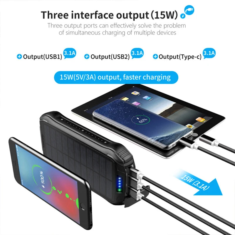Solar Power Bank 26800mAh Waterproof Portable Wireless Charger 3A Fast Charging Powerbank for iPhone 16 Xiaomi Samsung Poverbank