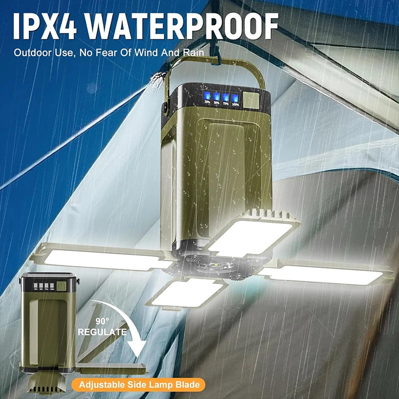 Solar Camping Light Rechargeable, Multifunctional 4-Blade Folding Lantern Outside with 6 Lighting Mode, IPX4 Portable Tent Lamp