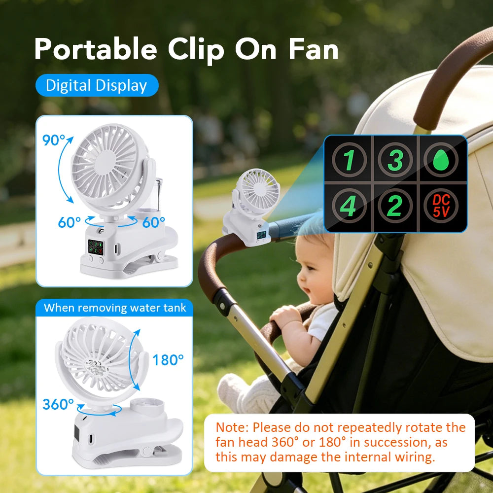 2026 Portable Clip On Fan 4 Speeds USB Mini Air Cooling Fan With Humidifier For Car Desk Camping 360°Rotatable Mist Spray Fan