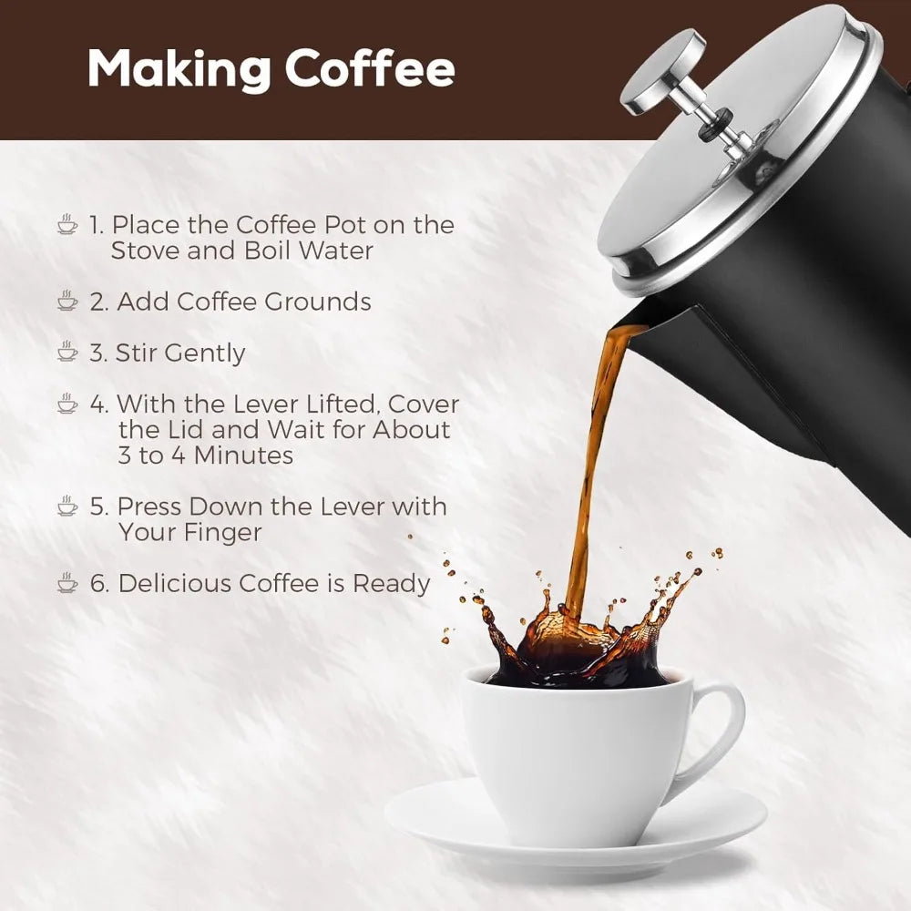 Stainless Steel French Press Coffee Maker 1L, Portable with Foldable Handle for Camping Travel, Home Office Use