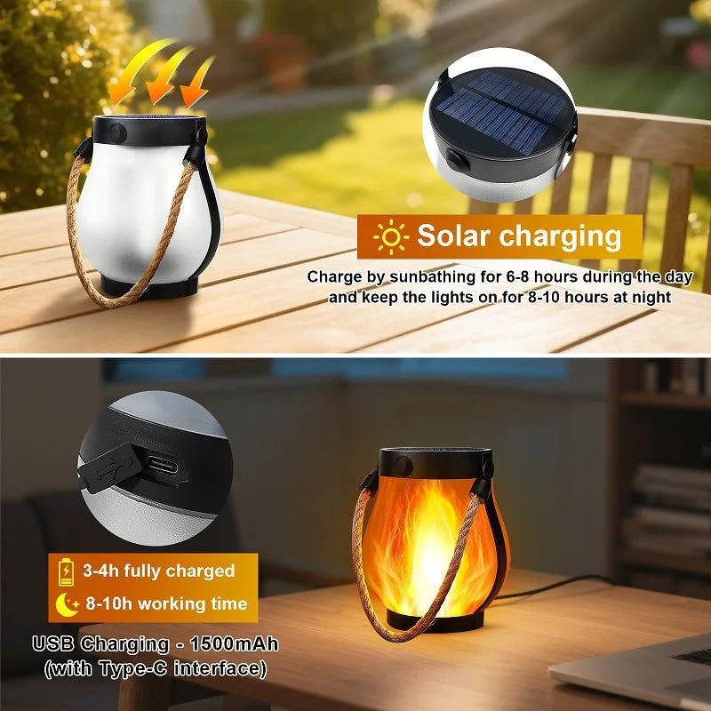 USB Rechargeable Camping Light Solar Flame Lights IPX4 Waterproof 800 Lumens 1200mAh Hanging Lantern Outdoor Lights