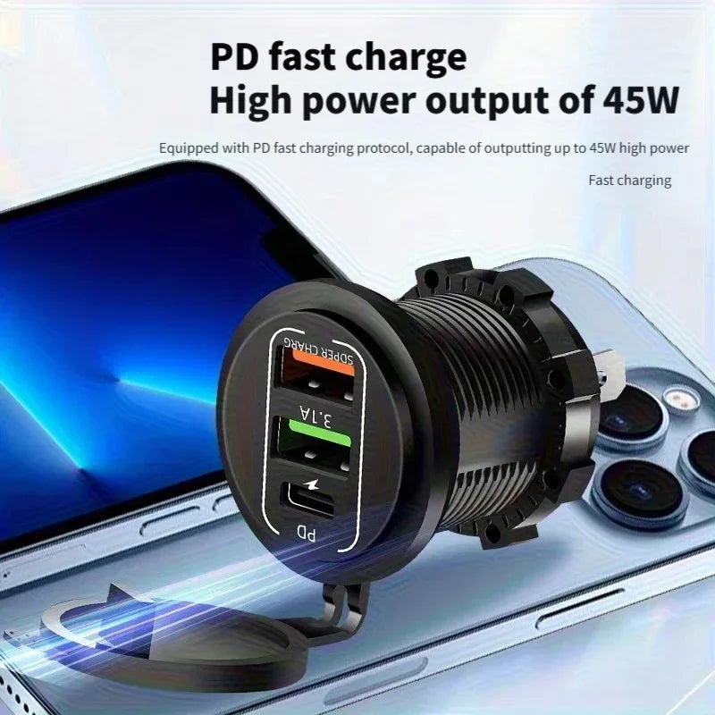 NEW 3/4 Ports Dual PD Dual QC 3.0 USB Car Charger with Voltmeter Socket Power Outlet Adapter Waterproof for 12V/24V Car Boat