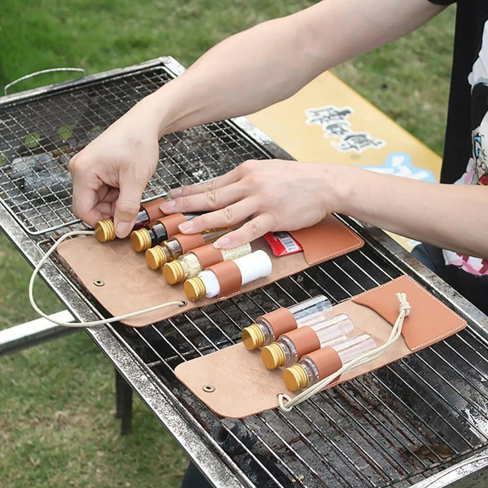 Outdoor Camping Spice Bottle Set Portable Leather Waterproof Camping Hiking Picnic BBQ Barbecue Seasoning Bottle Storage Bag