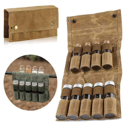 9pcs Outdoor  jar storage bags,canvas seasoning storage bag organizer outdoor camping barbecue picnic seasoning container set