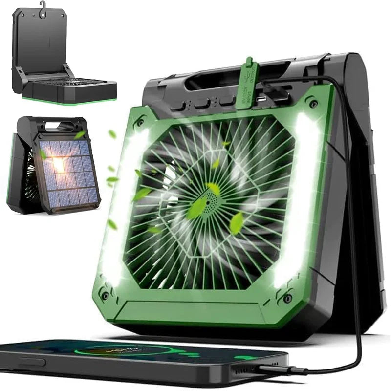 Cordless Portable Electric Fan With Led Light Tent Car Camping Hook&USB&Solar Charging For Hiking Fishing Picnic Emergency