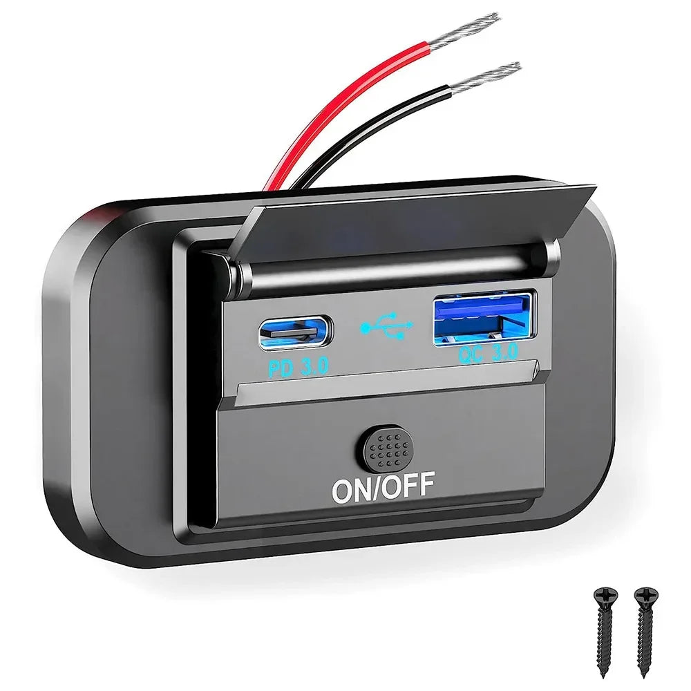 96W Dual PD Dual QC3.0 Type C USB Quick Charger 3.0 with Switch Fast Charging 4 Port Power Panel For Bus 12-24V Car Truck Marine
