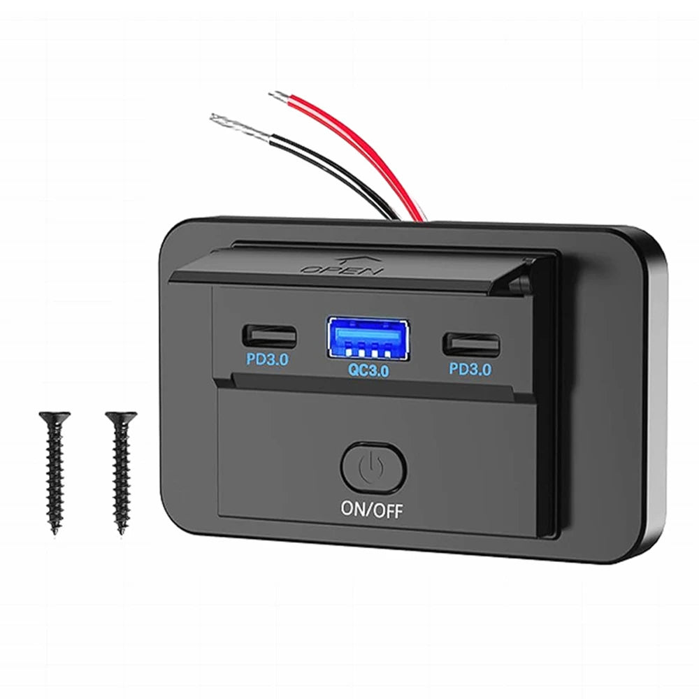 96W Dual PD Dual QC3.0 Type C USB Quick Charger 3.0 with Switch Fast Charging 4 Port Power Panel For Bus 12-24V Car Truck Marine