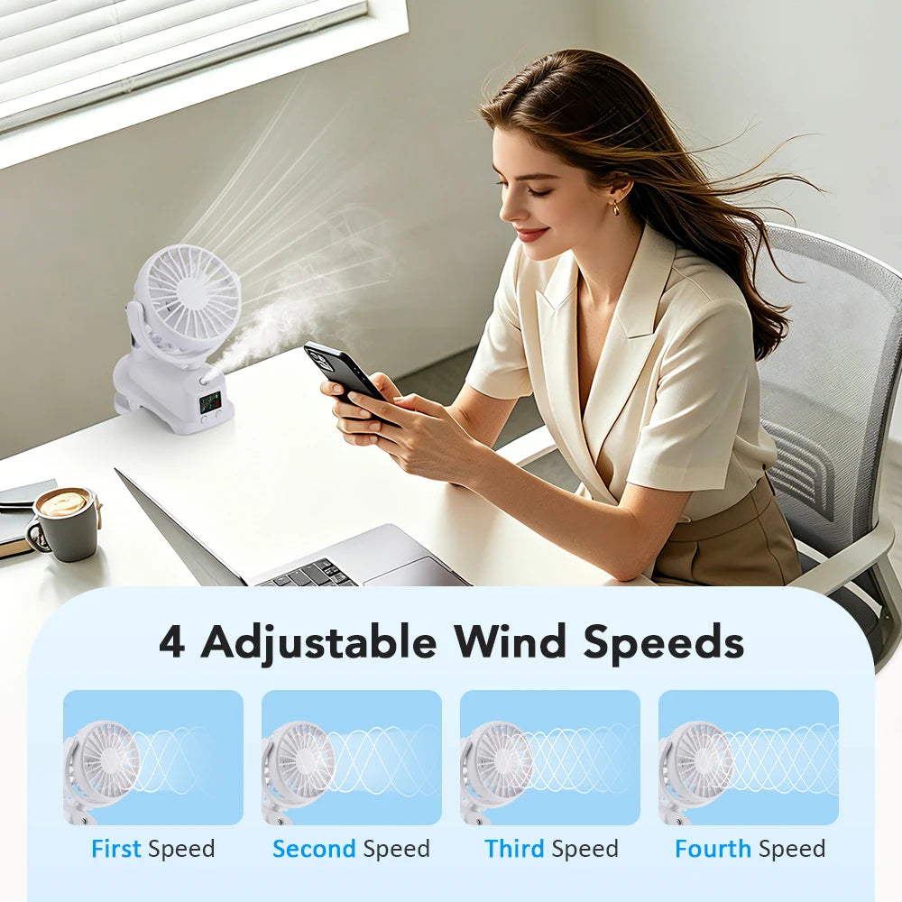 2026 Portable Clip On Fan 4 Speeds USB Mini Air Cooling Fan With Humidifier For Car Desk Camping 360°Rotatable Mist Spray Fan