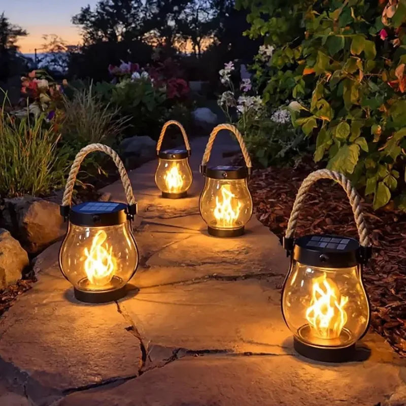 USB Rechargeable Camping Light Solar Flame Lights IPX4 Waterproof 800 Lumens 1200mAh Hanging Lantern Outdoor Lights