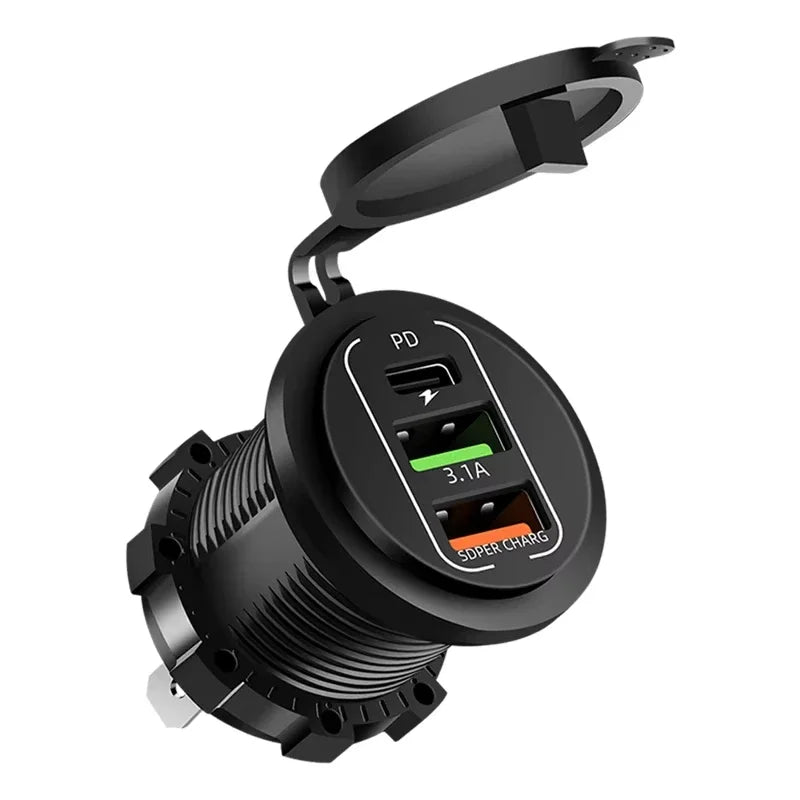 NEW 3/4 Ports Dual PD Dual QC 3.0 USB Car Charger with Voltmeter Socket Power Outlet Adapter Waterproof for 12V/24V Car Boat