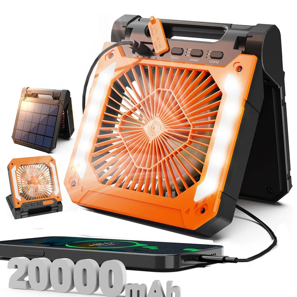 Cordless Portable Electric Fan With Led Light Tent Car Camping Hook&USB&Solar Charging For Hiking Fishing Picnic Emergency