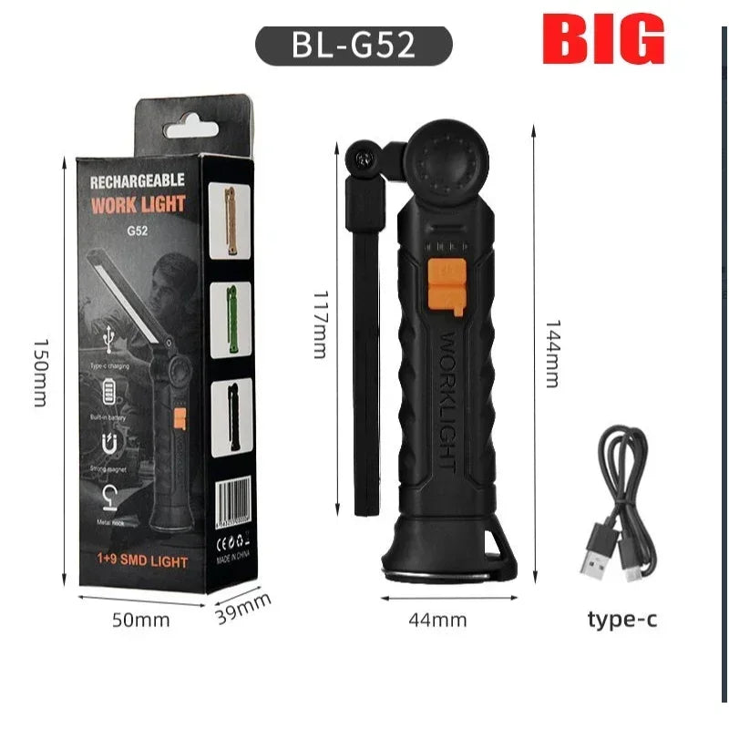 New Portable COB LED Flashlight Magnetic Lantern Hanging Lamp USB Rechargeable Work Light with Built-in Battery Camping Torch