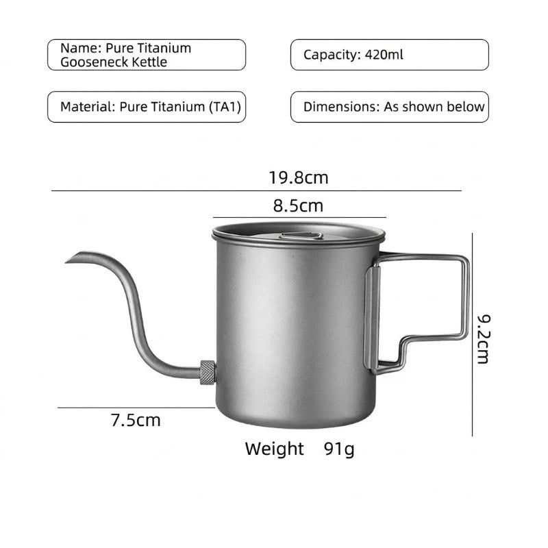 Ultralight 420ml Grade Titanium Pour Over Coffee Kettle Gooseneck Spout Folding Handle for Camping Hiking Travel Boat Travel