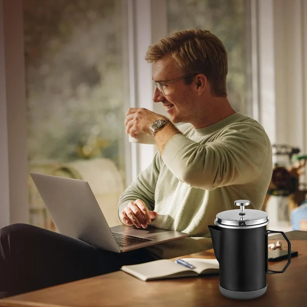 Stainless Steel French Press Coffee Maker 1L, Portable with Foldable Handle for Camping Travel, Home Office Use