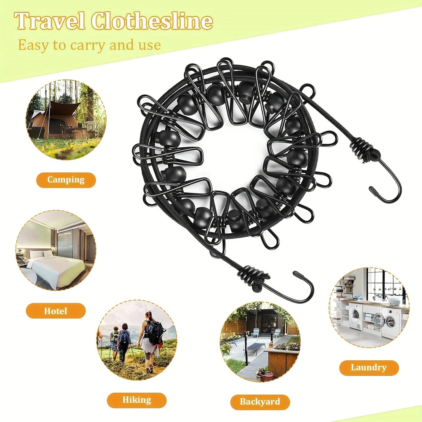 Portable Travel Clothesline with 12 Clips Plastic Non-Slip Retractable Clothes Drying Rope for Home Travel and Outdoor Hanging