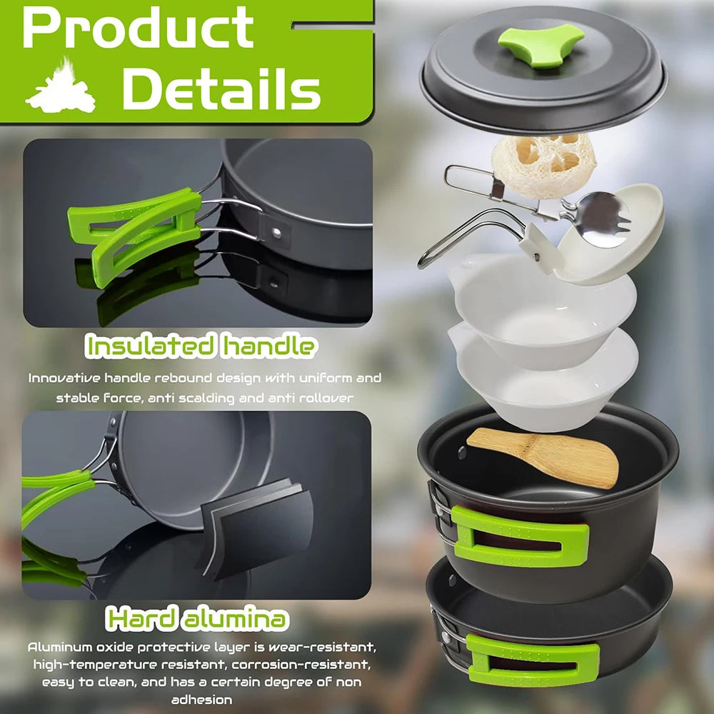 All-in-One Lightweight Aluminum Alloy Camping Cookware Set Non-Stick Nestable Design Portable Outdoor Cooking Gear with Mesh Bag