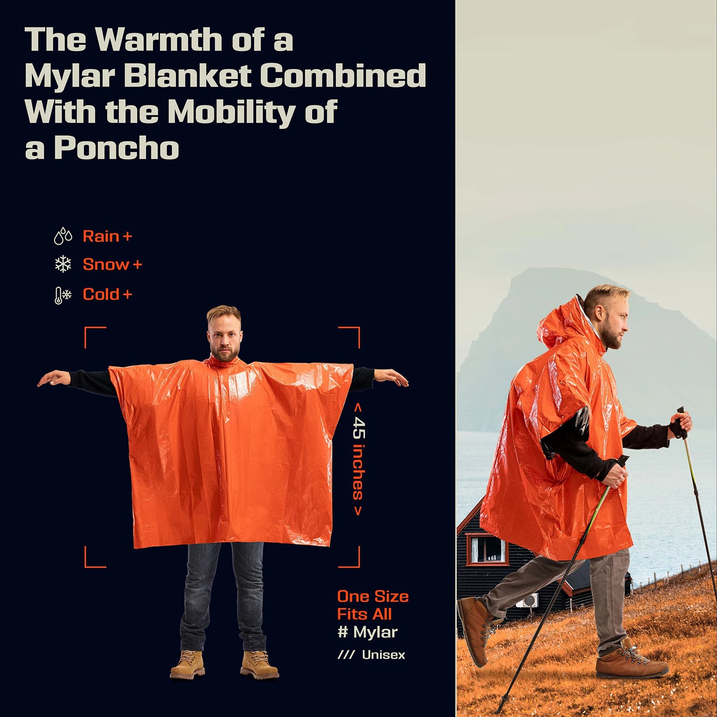 Emergency Rain Poncho with Hood - 4 Pack, PE, Water-Resistant & Thermal Mylar Lined, Survival Blankets for Camping Gear