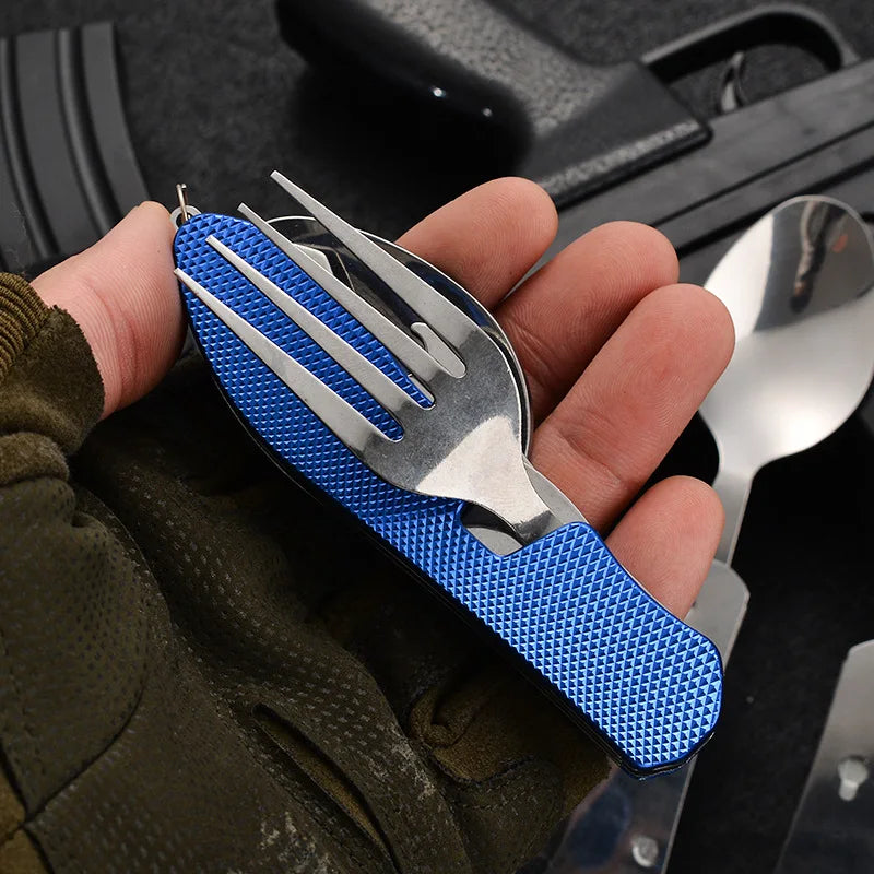 4 in1 Foldable Camping Utensil Set Multi-Functional Knife Fork Spoon Bottle Opener for Outdoor Survival Sports Camping Hiking