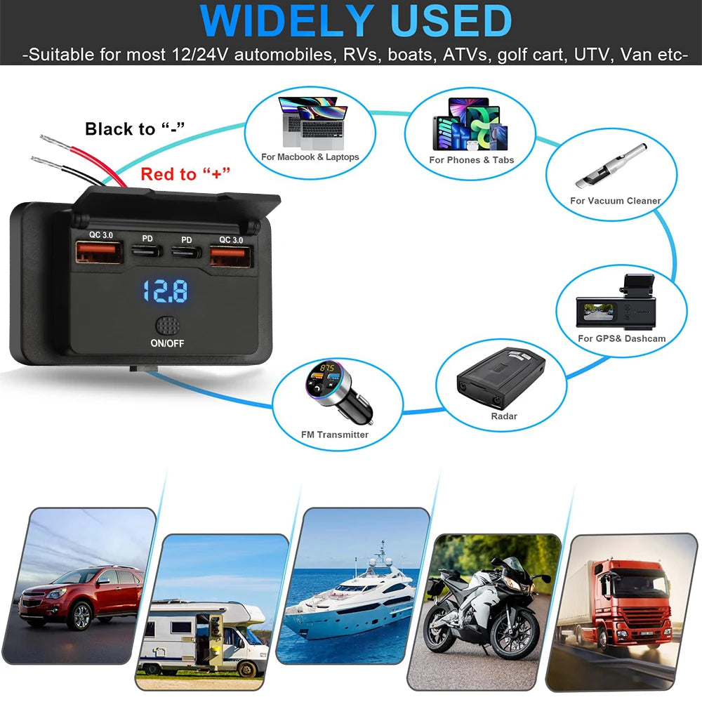 96W Dual PD Dual QC3.0 Type C USB Quick Charger 3.0 with Switch Fast Charging 4 Port Power Panel For Bus 12-24V Car Truck Marine