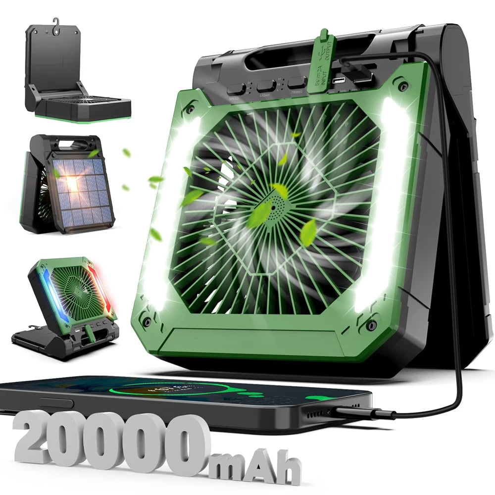 Cordless Portable Electric Fan With Led Light Tent Car Camping Hook&USB&Solar Charging For Hiking Fishing Picnic Emergency