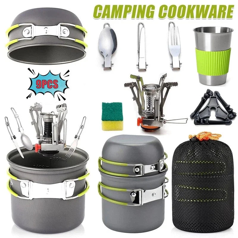 9PCS Ultralight Camping Pot Set Camping Cookware Mess Kit Outdoor Cooking Tableware for Hiking, Trekking, Picnic, Fishing, Mount