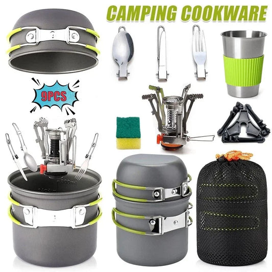 9PCS Ultralight Camping Pot Set Camping Cookware Mess Kit Outdoor Cooking Tableware for Hiking, Trekking, Picnic, Fishing, Mount
