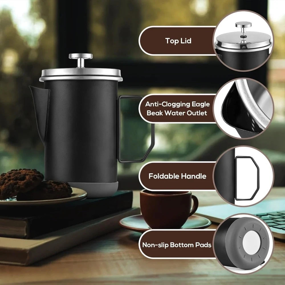 Stainless Steel French Press Coffee Maker 1L, Portable with Foldable Handle for Camping Travel, Home Office Use