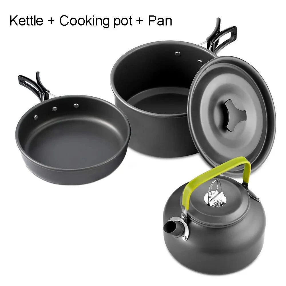 Outdoor camping cookware set made of aluminum alloy material not easy to stick to the pot nested packaging convenient to carry