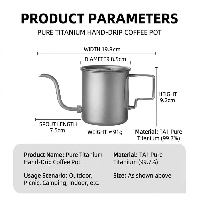 Ultralight 420ml Grade Titanium Pour Over Coffee Kettle Gooseneck Spout Folding Handle for Camping Hiking Travel Boat Travel