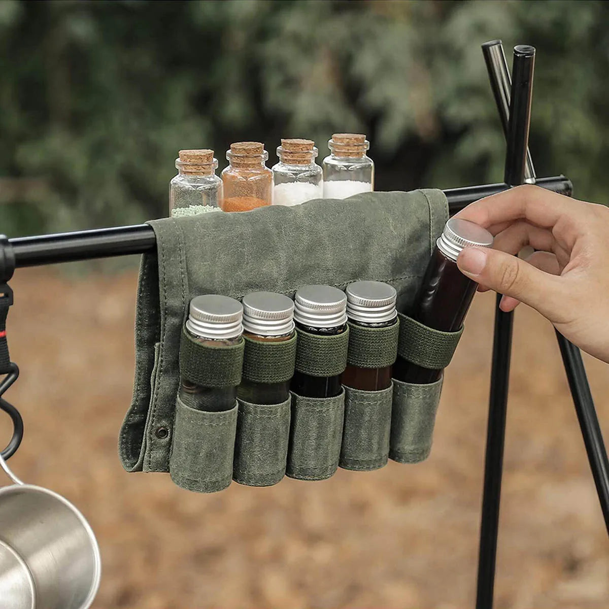 9pcs Outdoor  jar storage bags,canvas seasoning storage bag organizer outdoor camping barbecue picnic seasoning container set