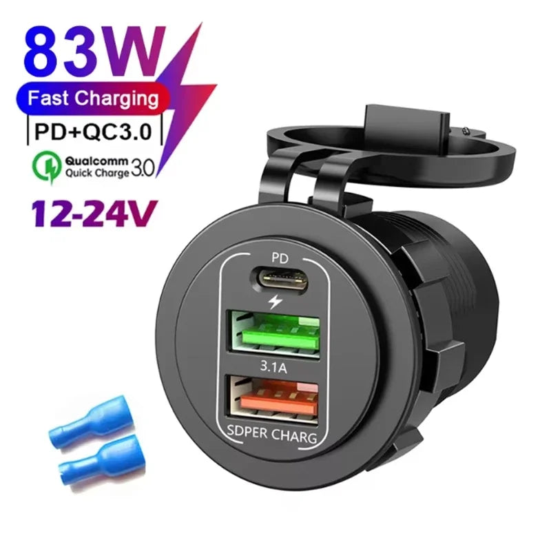 NEW 3/4 Ports Dual PD Dual QC 3.0 USB Car Charger with Voltmeter Socket Power Outlet Adapter Waterproof for 12V/24V Car Boat