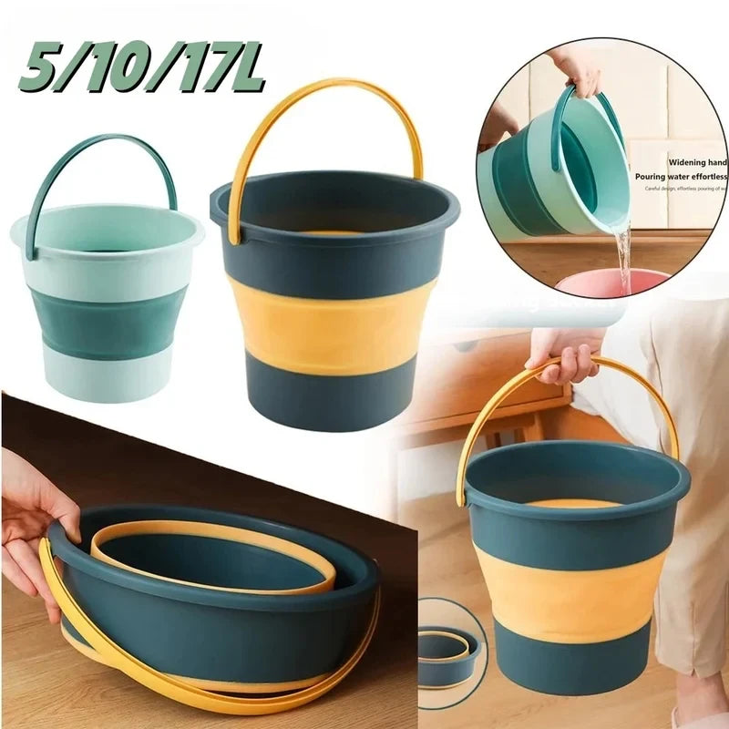 Silicone Folding Bucket 5/10/17L with Cover Multifunctional Water Container for Camping Fishing Car Wash Bathroom