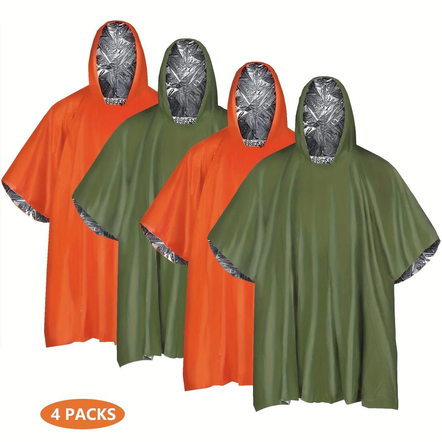 Emergency Rain Poncho with Hood - 4 Pack, PE, Water-Resistant & Thermal Mylar Lined, Survival Blankets for Camping Gear