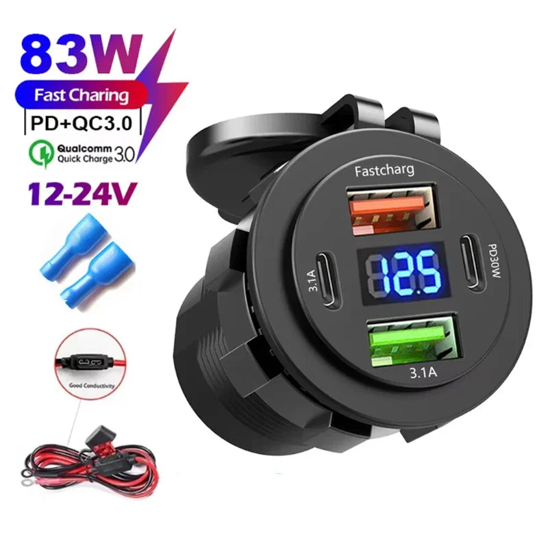 NEW 3/4 Ports Dual PD Dual QC 3.0 USB Car Charger with Voltmeter Socket Power Outlet Adapter Waterproof for 12V/24V Car Boat