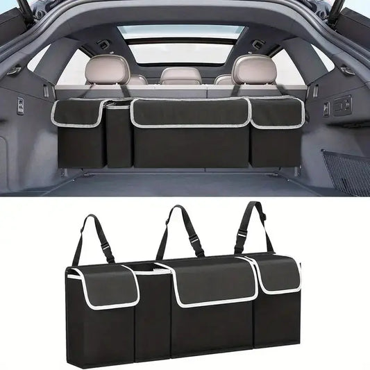 Car Trunk Organizer, Backseat Hanging Large Storage with Adjustable Straps, Waterproof Collapsible Cargo Bag with 4 Pockets