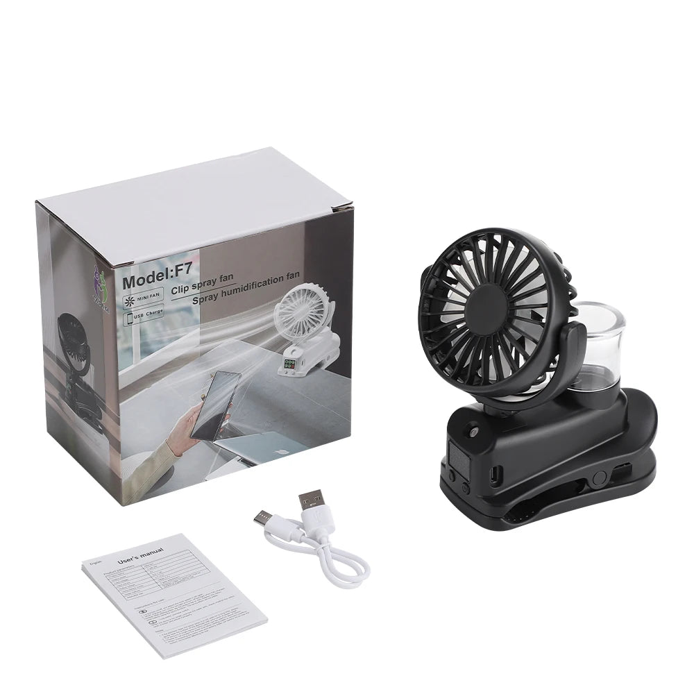 2026 Portable Clip On Fan 4 Speeds USB Mini Air Cooling Fan With Humidifier For Car Desk Camping 360°Rotatable Mist Spray Fan