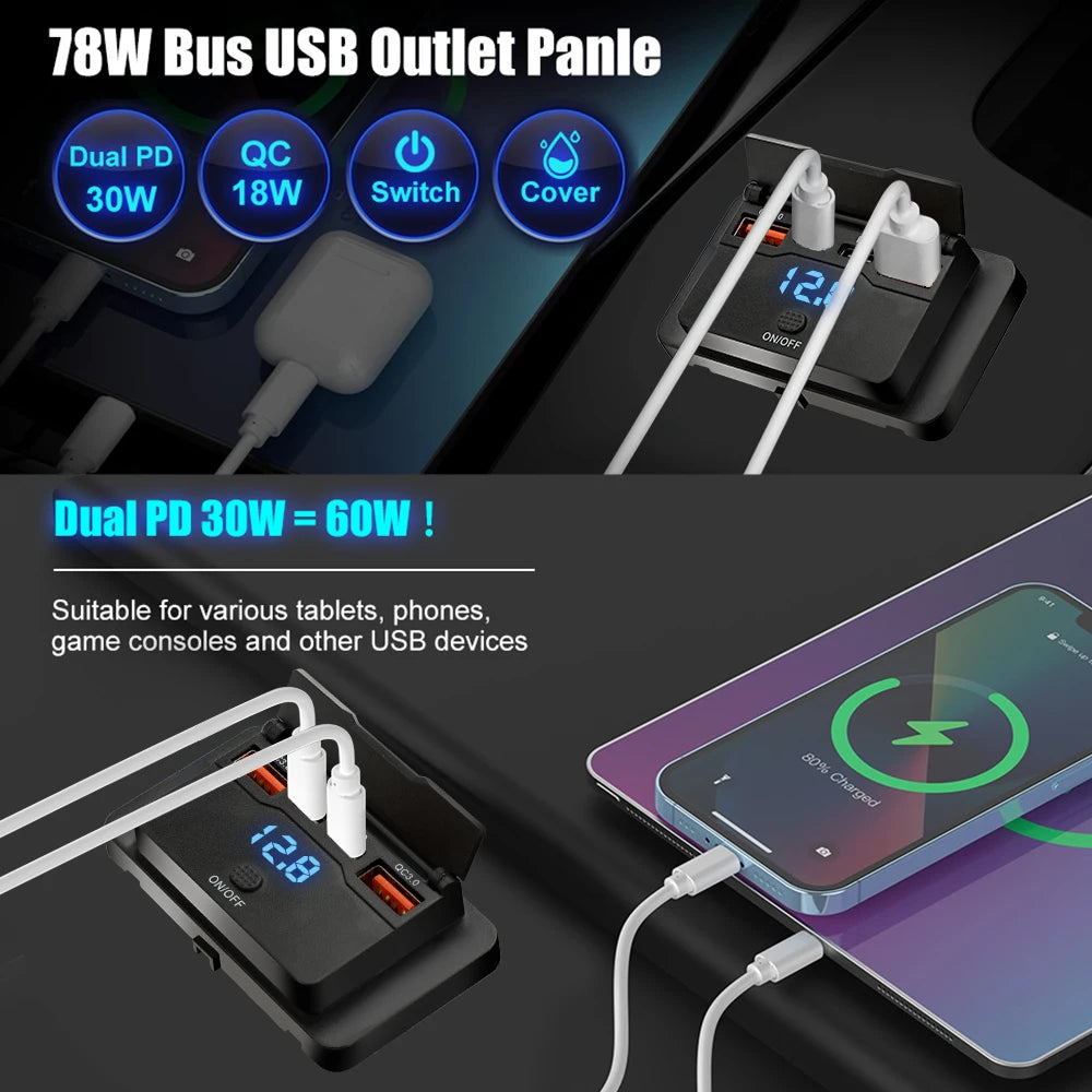 96W Dual PD Dual QC3.0 Type C USB Quick Charger 3.0 with Switch Fast Charging 4 Port Power Panel For Bus 12-24V Car Truck Marine