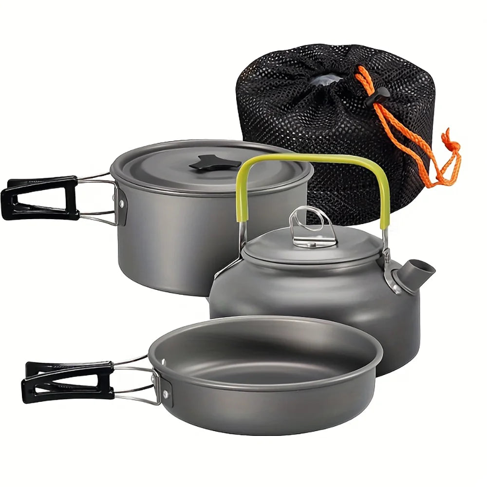 Outdoor camping cookware set made of aluminum alloy material not easy to stick to the pot nested packaging convenient to carry