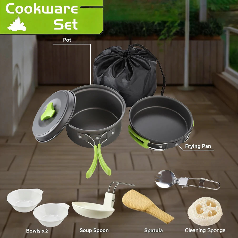 All-in-One Lightweight Aluminum Alloy Camping Cookware Set Non-Stick Nestable Design Portable Outdoor Cooking Gear with Mesh Bag