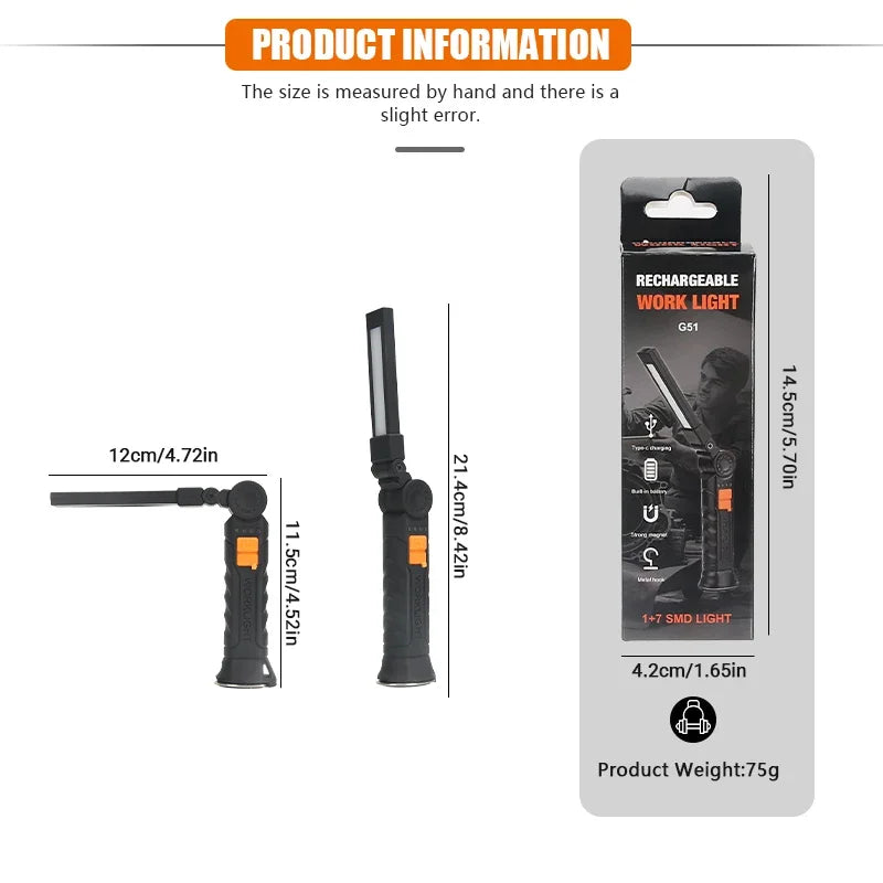 New Portable COB LED Flashlight Magnetic Lantern Hanging Lamp USB Rechargeable Work Light with Built-in Battery Camping Torch
