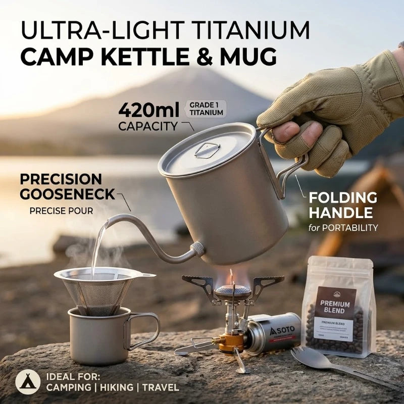 Ultralight 420ml Grade Titanium Pour Over Coffee Kettle Gooseneck Spout Folding Handle for Camping Hiking Travel Boat Travel