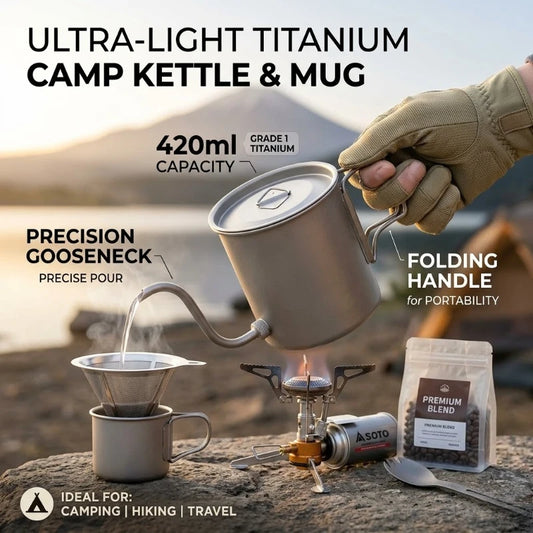 Ultralight 420ml Grade Titanium Pour Over Coffee Kettle Gooseneck Spout Folding Handle for Camping Hiking Travel Boat Travel