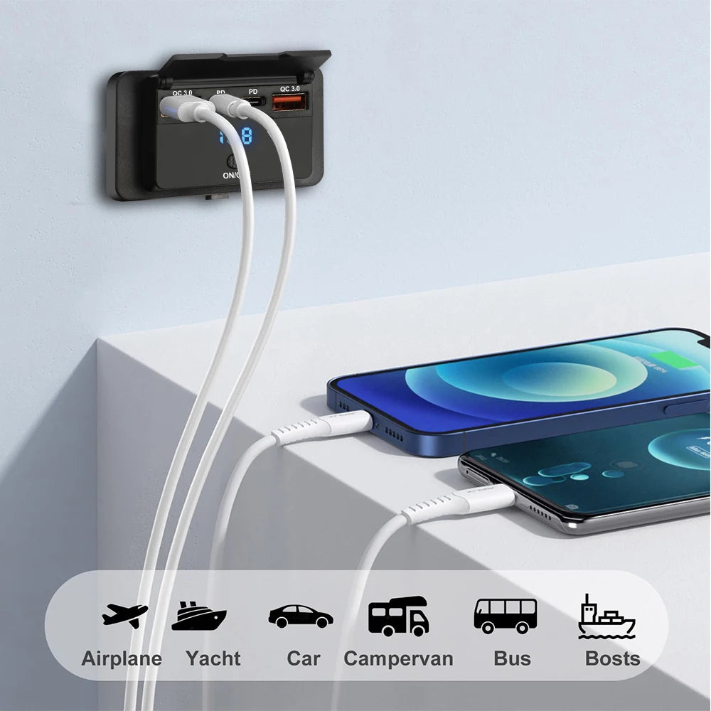 96W Dual PD Dual QC3.0 Type C USB Quick Charger 3.0 with Switch Fast Charging 4 Port Power Panel For Bus 12-24V Car Truck Marine