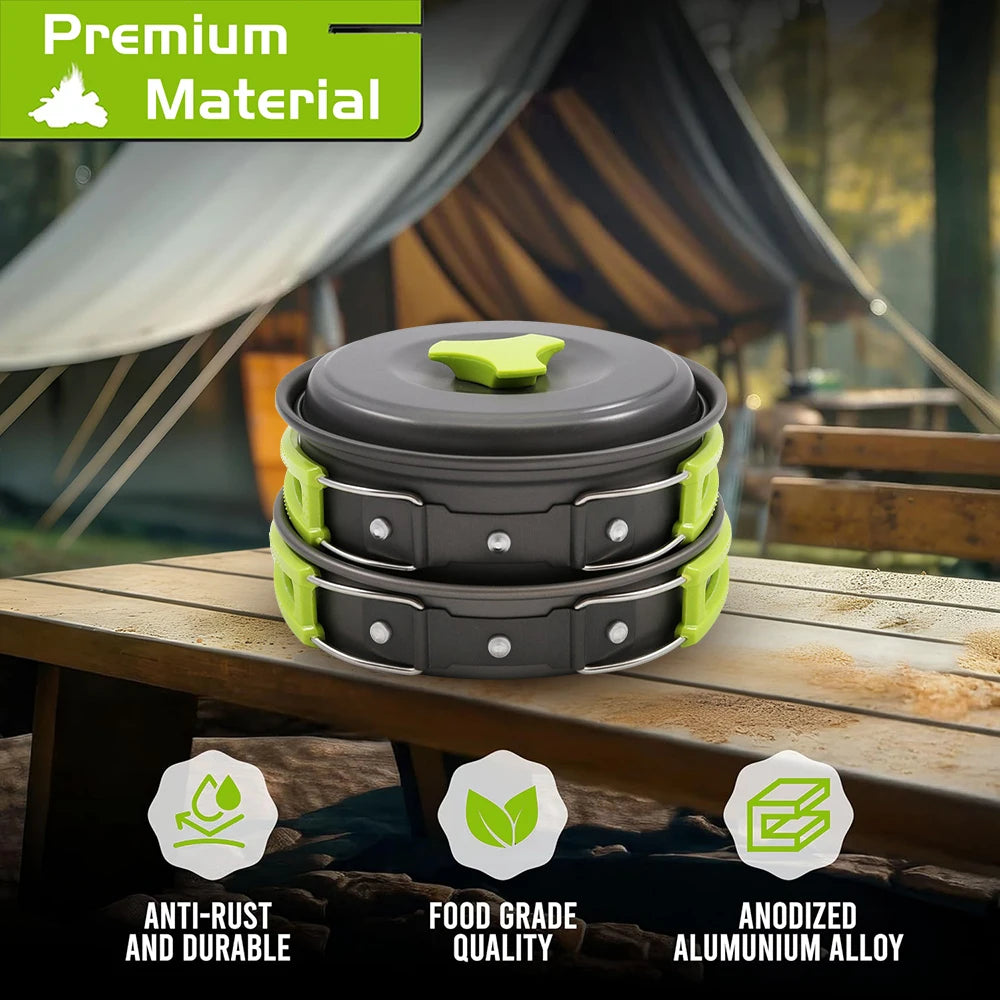 All-in-One Lightweight Aluminum Alloy Camping Cookware Set Non-Stick Nestable Design Portable Outdoor Cooking Gear with Mesh Bag
