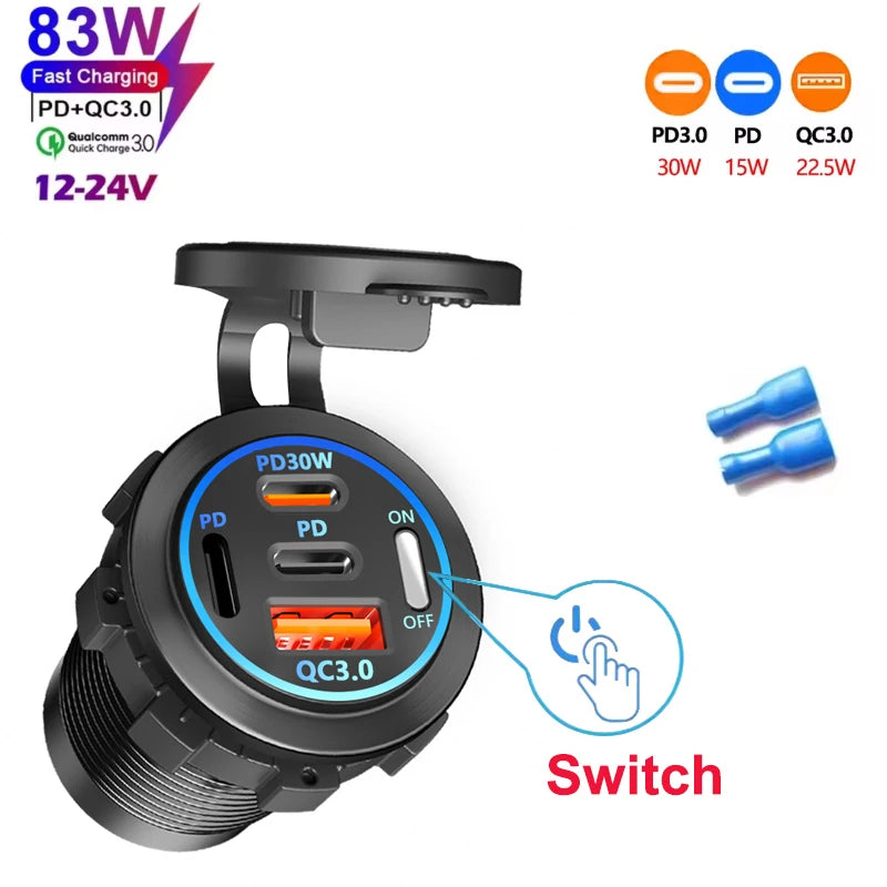 NEW 3/4 Ports Dual PD Dual QC 3.0 USB Car Charger with Voltmeter Socket Power Outlet Adapter Waterproof for 12V/24V Car Boat