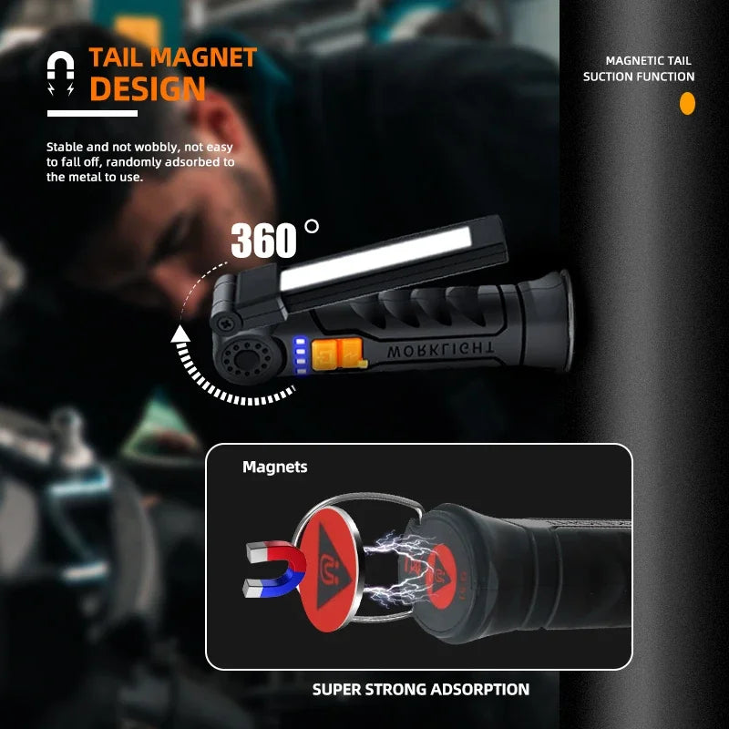 New Portable COB LED Flashlight Magnetic Lantern Hanging Lamp USB Rechargeable Work Light with Built-in Battery Camping Torch