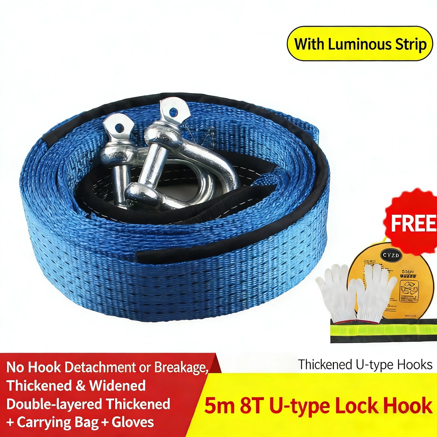 4M/5M Heavy Duty Car Tow Cable 5Ton/8Ton Trailer Rope with Hooks for Van SUV Truck Emergency Road Recovery Automotive Accessorie