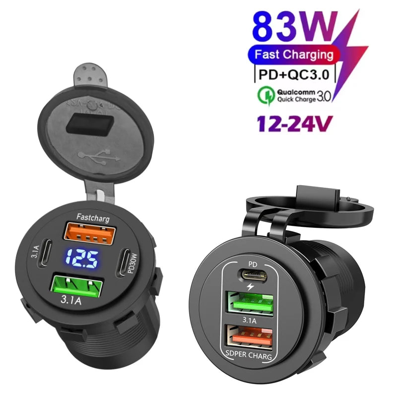 NEW 3/4 Ports Dual PD Dual QC 3.0 USB Car Charger with Voltmeter Socket Power Outlet Adapter Waterproof for 12V/24V Car Boat